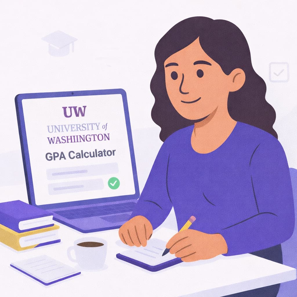 Student using UW GPA calculator on laptop at University of Washington campus